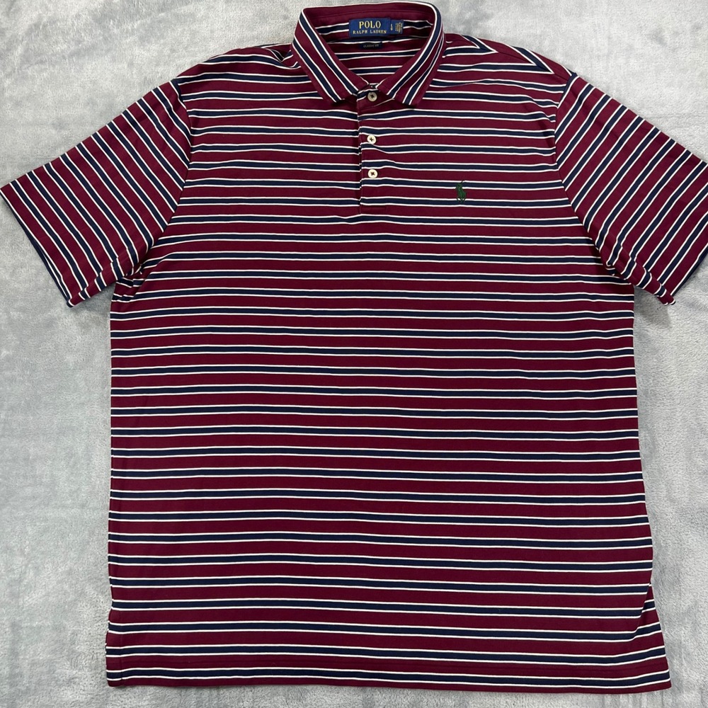 Polo Ralph Lauren Mens Large Classic Fit Striped Short Sleeve Polo Shirt Maroon